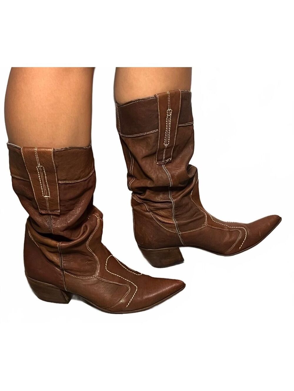 Vic Matie Italian Leather Slouch Cowboy Boots Brown Pointed Toe Y2K Size 38.5 - Picture 4 of 9